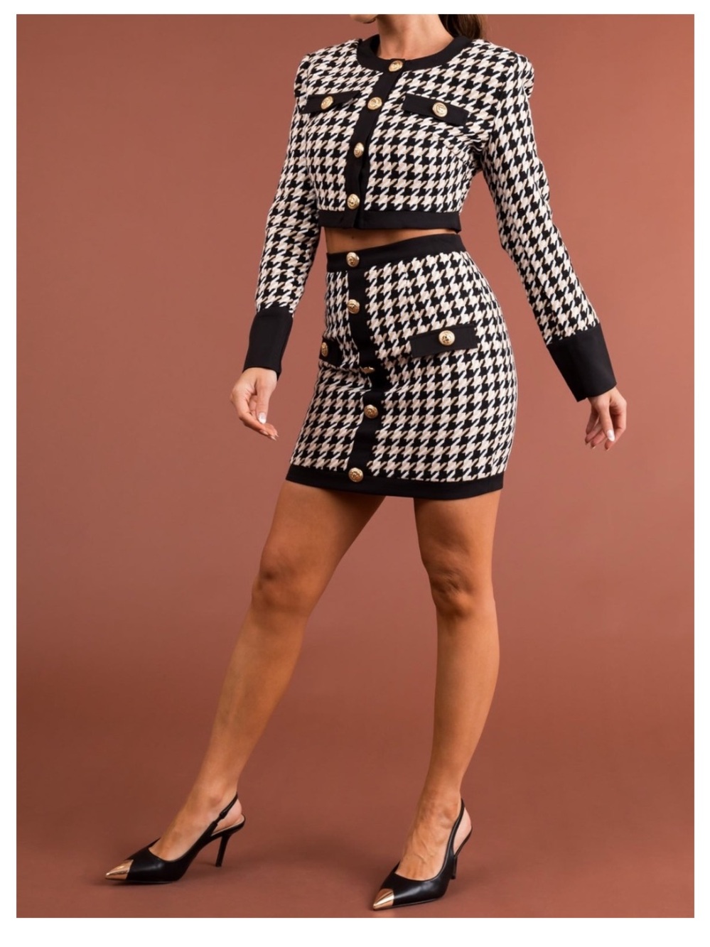 🟤NWT BLITHE Mini Skirt and Cropped Top 2pc Set in Houndstooth Black/White